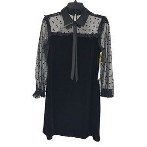 Cece S Small Black Polka Dot Sheer Long Sleeve Collared Mini Dress Goth Chic